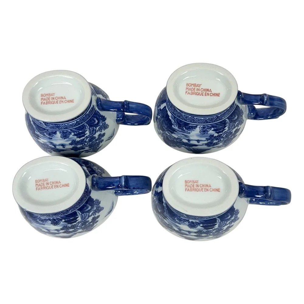 Bombay Four Mountains Blue White Porcelain Teacups Saucers Asian Landscape Set 4